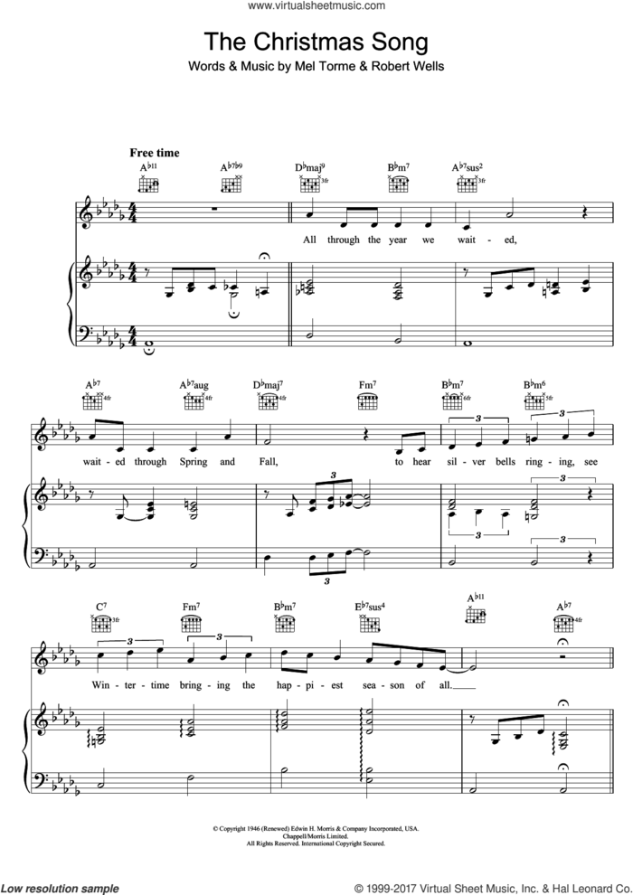 The Christmas Song (Chestnuts Roasting On An Open Fire) sheet music for voice and piano by Mel Torme, Mel Torme and Robert Wells, intermediate skill level