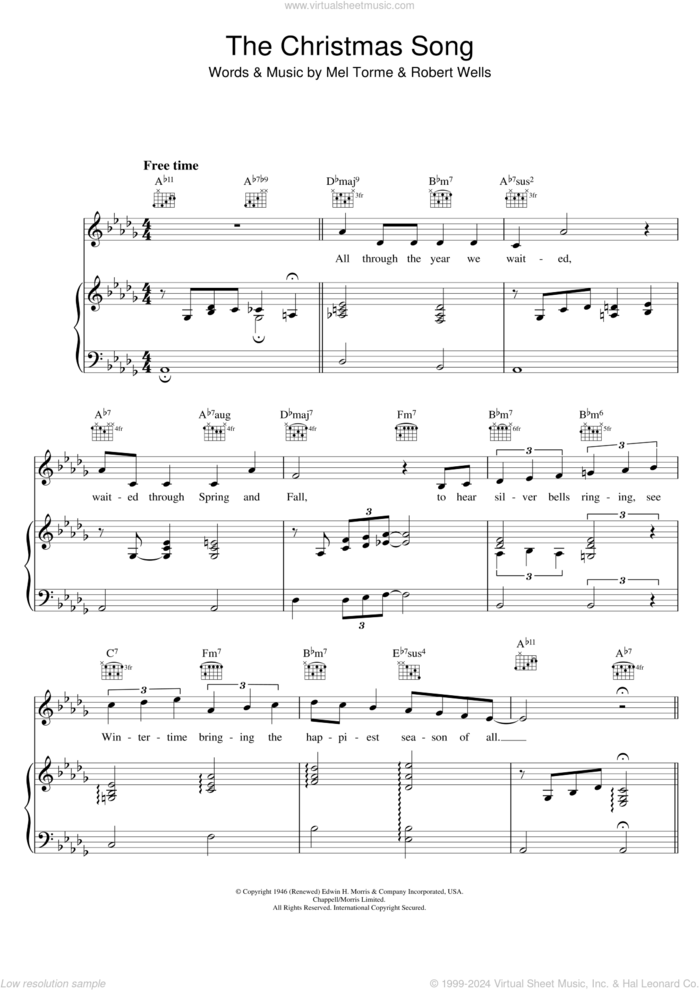 The Christmas Song (Chestnuts Roasting On An Open Fire) sheet music for voice and piano by Mel Torme, Mel Torme and Robert Wells, intermediate skill level