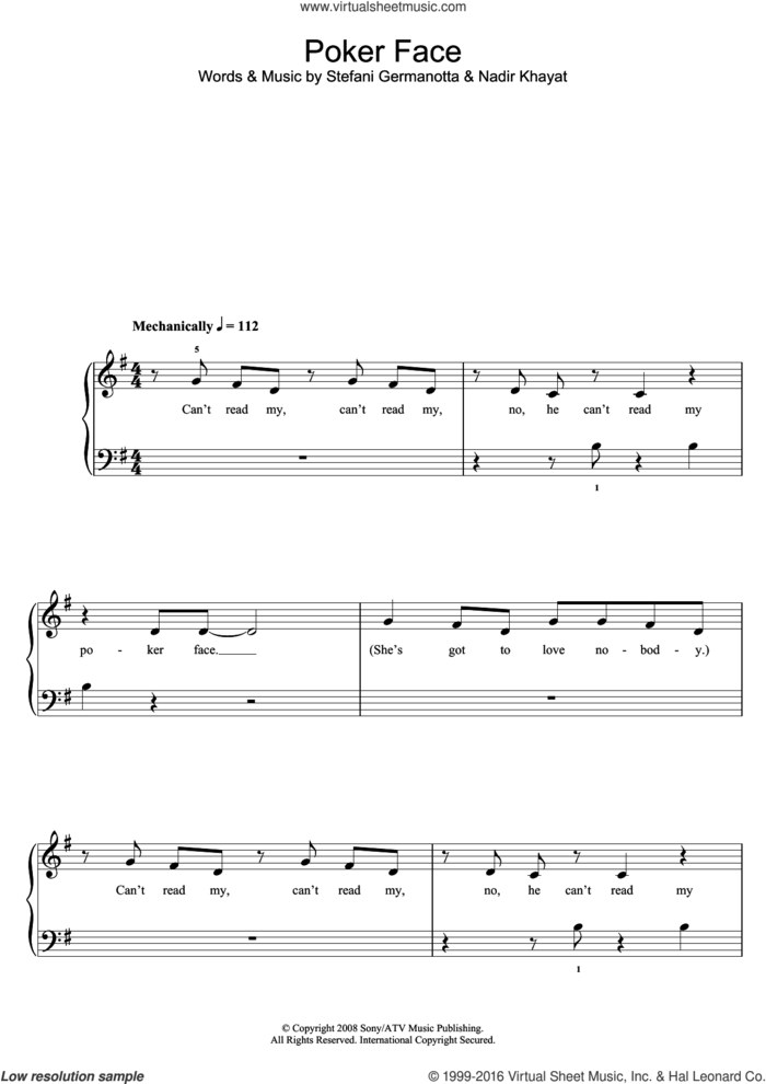 Poker Face sheet music for piano solo (5-fingers) by Glee Cast, Lady Gaga and Nadir Khayat, beginner piano (5-fingers)
