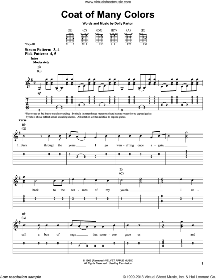 Coat Of Many Colors sheet music for guitar solo (easy tablature) by Dolly Parton, easy guitar (easy tablature)