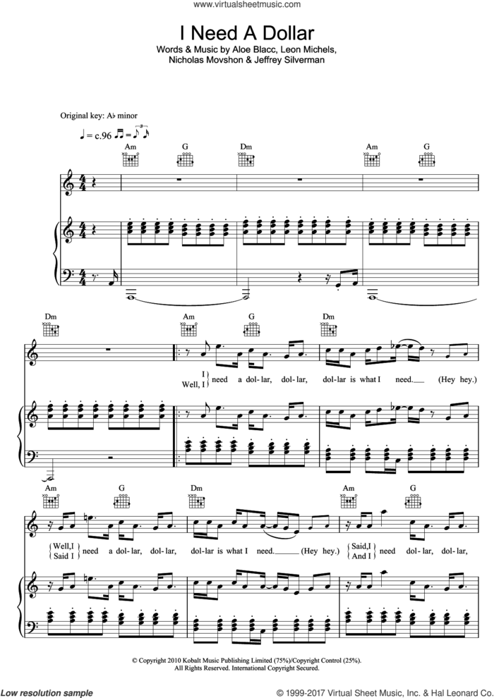 I Need A Dollar sheet music for voice, piano or guitar by Aloe Blacc, Jeffrey Silverman, Leon Michels and Nick Movshon, intermediate skill level