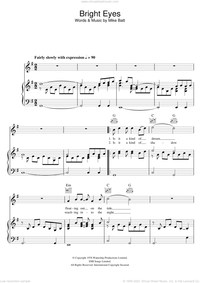 Bright Eyes sheet music for voice, piano or guitar by Mike Batt, intermediate skill level