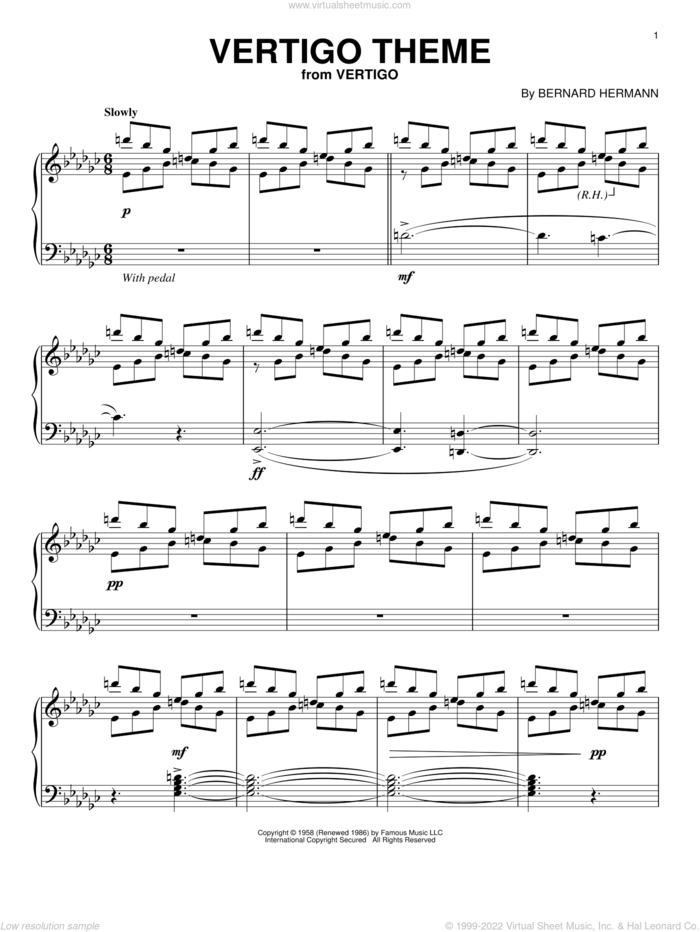 Vertigo Theme sheet music for piano solo by Bernard Hermann, intermediate skill level