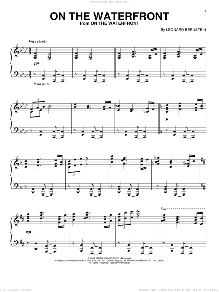 On The Waterfront sheet music for piano solo by Leonard Bernstein and John Latouche, intermediate skill level