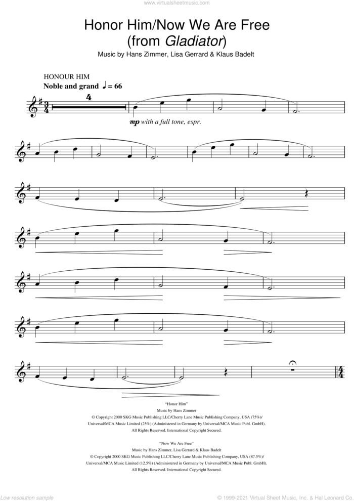 Honor Him/Now We Are Free (from Gladiator) sheet music for alto saxophone solo by Hans Zimmer, Klaus Badelt and Lisa Gerrard, intermediate skill level