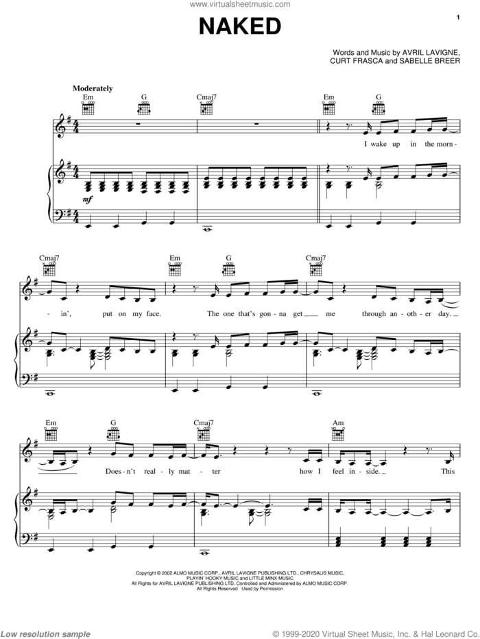 Naked sheet music for voice, piano or guitar by Avril Lavigne, Curt Frasca and Sabelle Breer, intermediate skill level