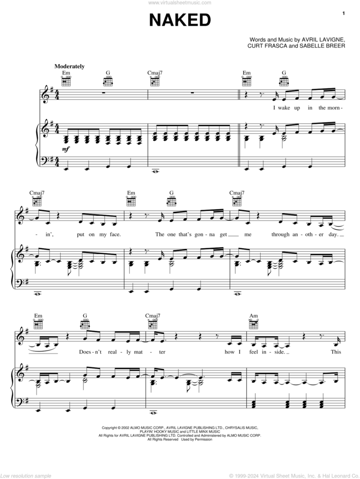 Naked sheet music for voice, piano or guitar by Avril Lavigne, Curt Frasca and Sabelle Breer, intermediate skill level