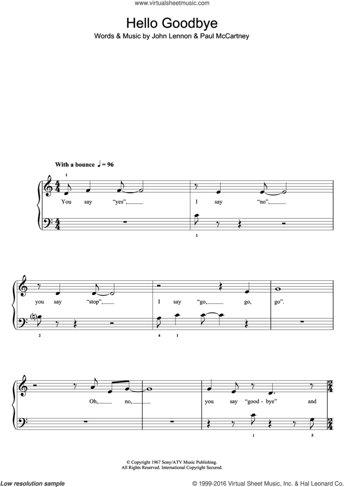 Hello, Goodbye sheet music for piano solo (5-fingers) by Glee Cast, John Lennon and Paul McCartney, beginner piano (5-fingers)
