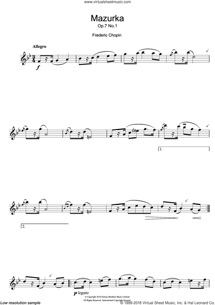 Mazurka Op.7, No.1 sheet music for alto saxophone solo by Frederic Chopin, classical score, intermediate skill level