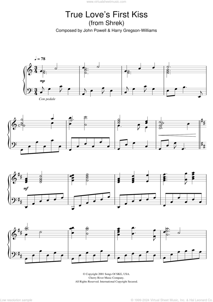 Shrek (True Love's First Kiss) sheet music for piano solo by Harry Gregson-Williams and John Powell, Harry Gregson-Williams and John Powell, intermediate skill level