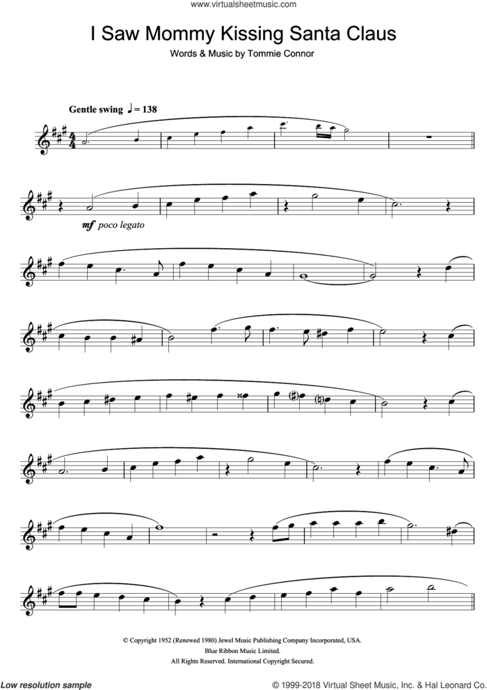 I Saw Mommy Kissing Santa Claus sheet music for alto saxophone solo by Tommie Connor and John Mellencamp, intermediate skill level