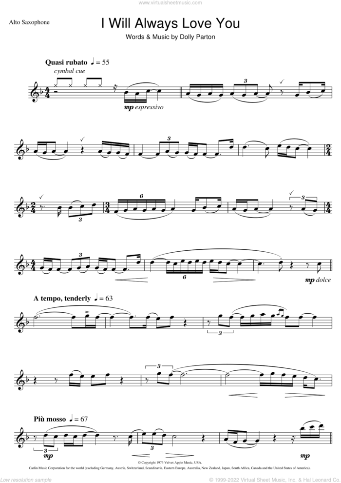 I Will Always Love You sheet music for alto saxophone solo by Whitney Houston and Dolly Parton, wedding score, intermediate skill level