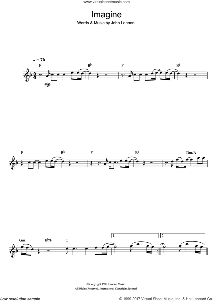 Imagine sheet music for alto saxophone solo by John Lennon, intermediate skill level