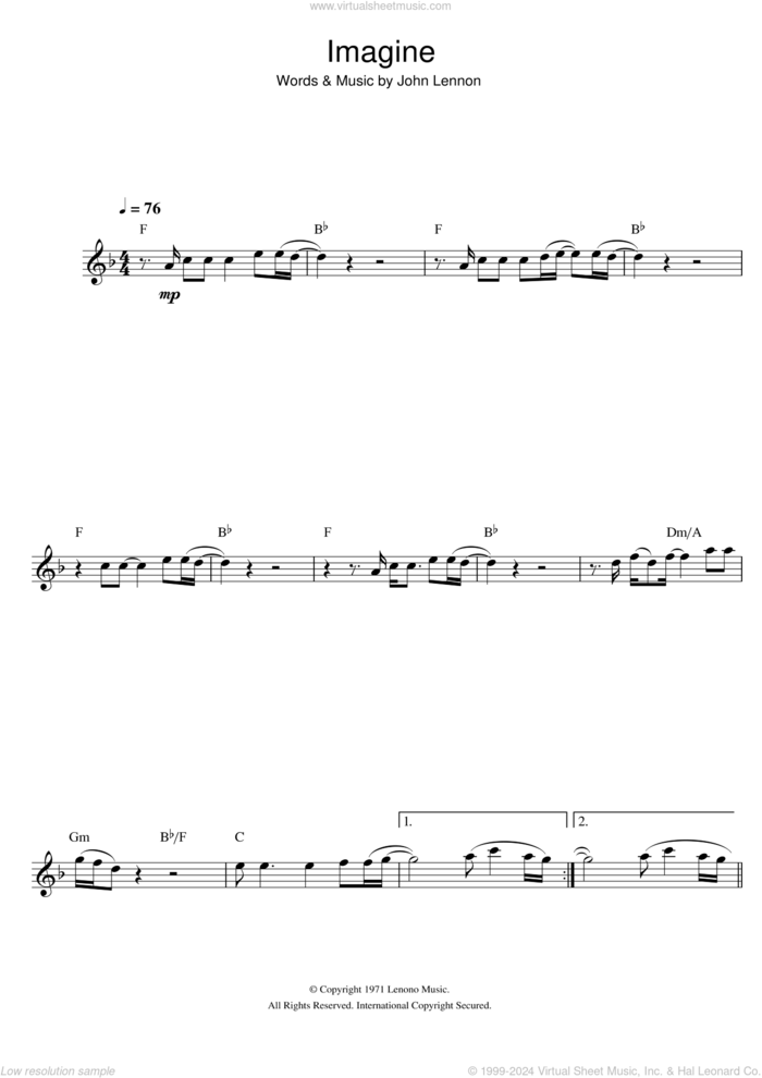 Imagine sheet music for alto saxophone solo by John Lennon, intermediate skill level