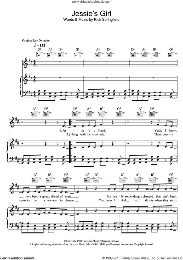 Jessie's Girl sheet music for voice, piano or guitar by Glee Cast and Rick Springfield, intermediate skill level