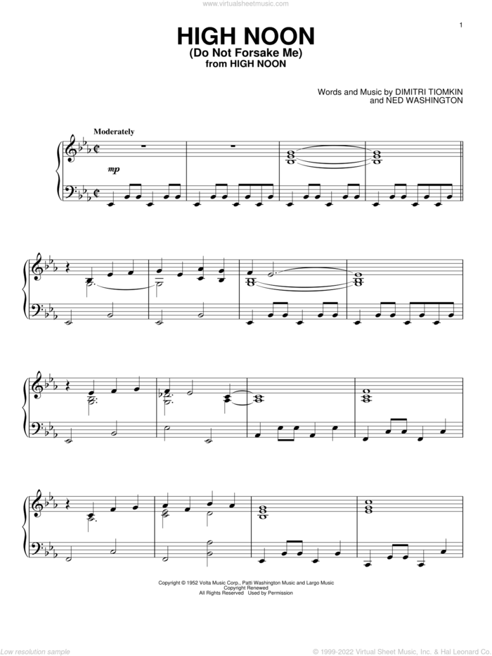 High Noon (Do Not Forsake Me), (intermediate) sheet music for piano solo by Dimitri Tiomkin and Ned Washington, intermediate skill level