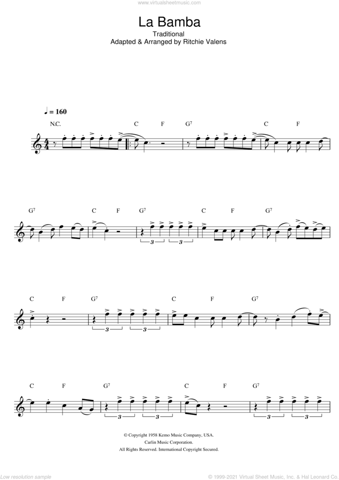 La Bamba sheet music for alto saxophone solo by Los Lobos and Miscellaneous, intermediate skill level