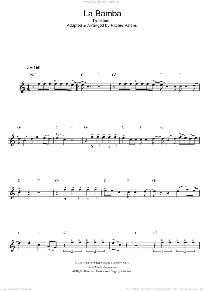 La Bamba sheet music for alto saxophone solo by Los Lobos and Miscellaneous, intermediate skill level