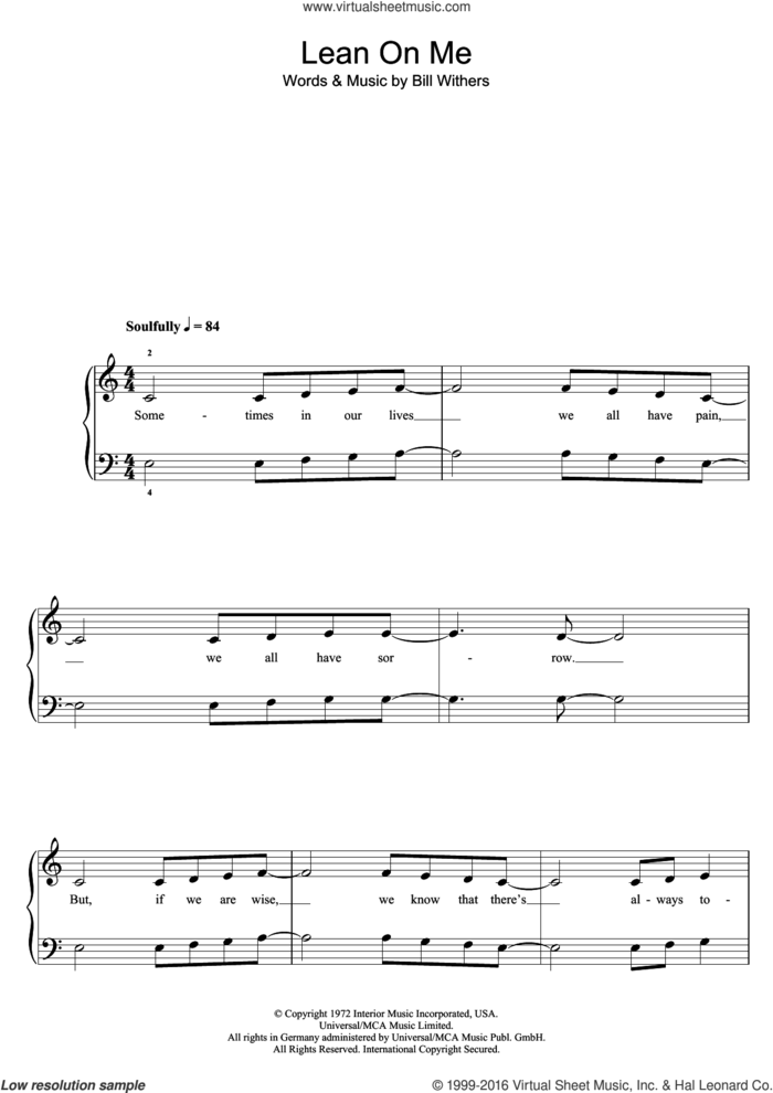 Lean On Me sheet music for piano solo (5-fingers) by Glee Cast and Bill Withers, beginner piano (5-fingers)