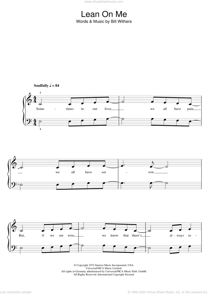 Lean On Me sheet music for piano solo (5-fingers) by Glee Cast and Bill Withers, beginner piano (5-fingers)