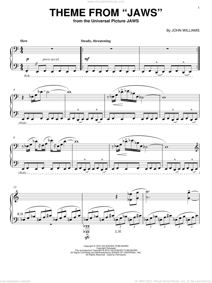 Theme from Jaws, (intermediate) sheet music for piano solo by John Williams, intermediate skill level