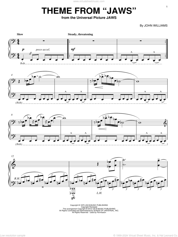 Theme from Jaws, (intermediate) sheet music for piano solo by John Williams, intermediate skill level