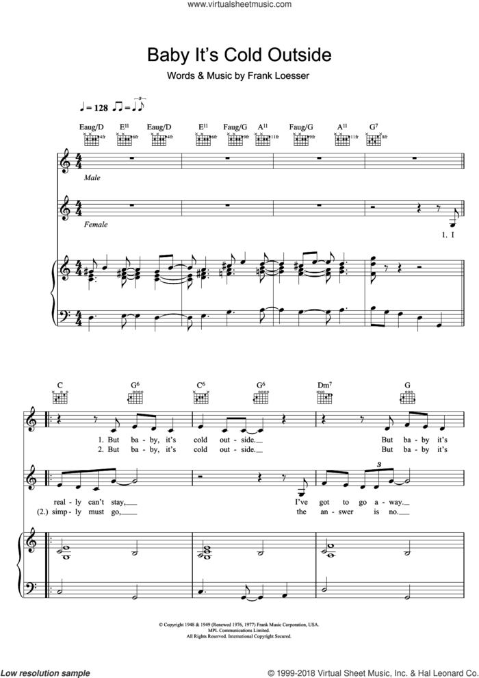 Baby, It's Cold Outside sheet music for voice and piano by Tom Jones, Cerys Matthews and Frank Loesser, intermediate skill level