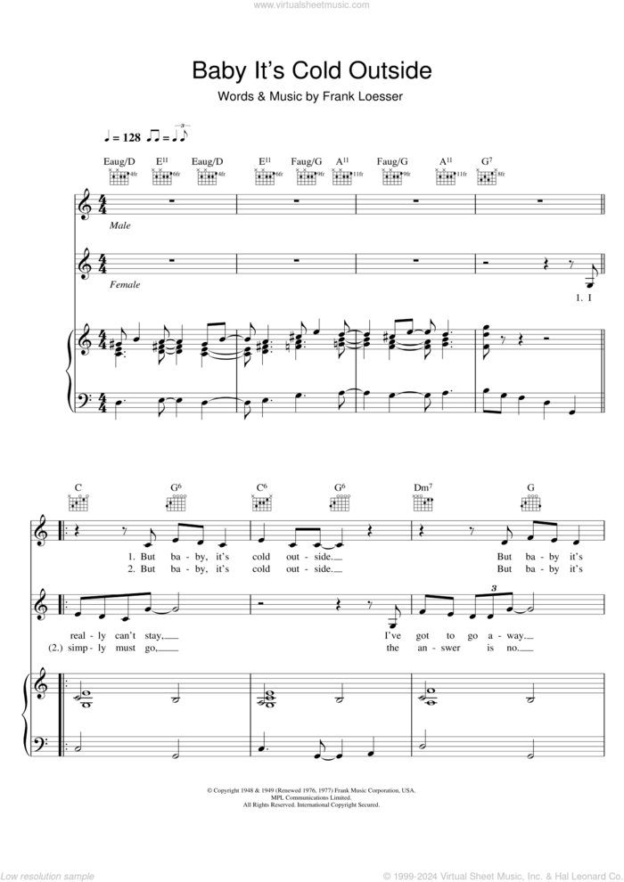 Baby, It's Cold Outside sheet music for voice and piano by Tom Jones, Cerys Matthews and Frank Loesser, intermediate skill level