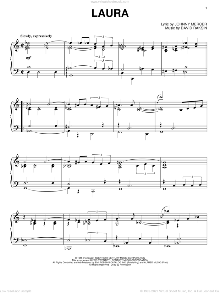 Laura, (intermediate) sheet music for piano solo by David Raksin and Johnny Mercer, intermediate skill level