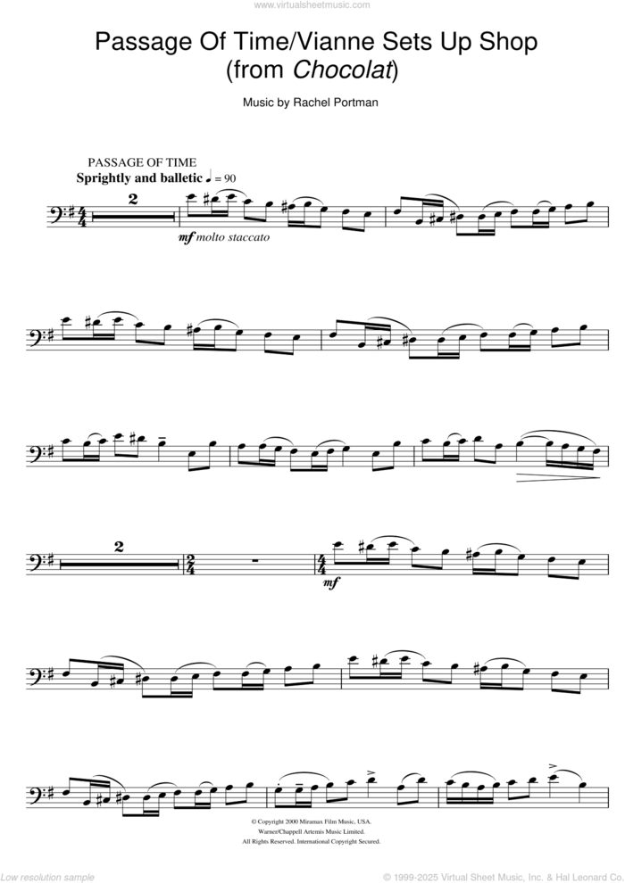 Passage Of Time/Vianne Sets Up Shop (from Chocolat) sheet music for cello solo by Rachel Portman, intermediate skill level