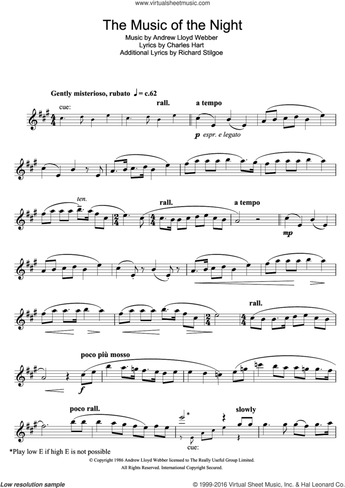 The Music Of The Night (from The Phantom Of The Opera) sheet music for alto saxophone solo by Andrew Lloyd Webber, Charles Hart and Richard Stilgoe, intermediate skill level