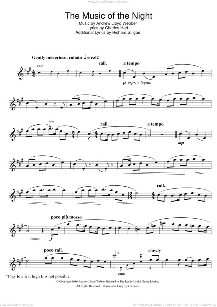 The Music Of The Night (from The Phantom Of The Opera) sheet music for alto saxophone solo by Andrew Lloyd Webber, Charles Hart and Richard Stilgoe, intermediate skill level