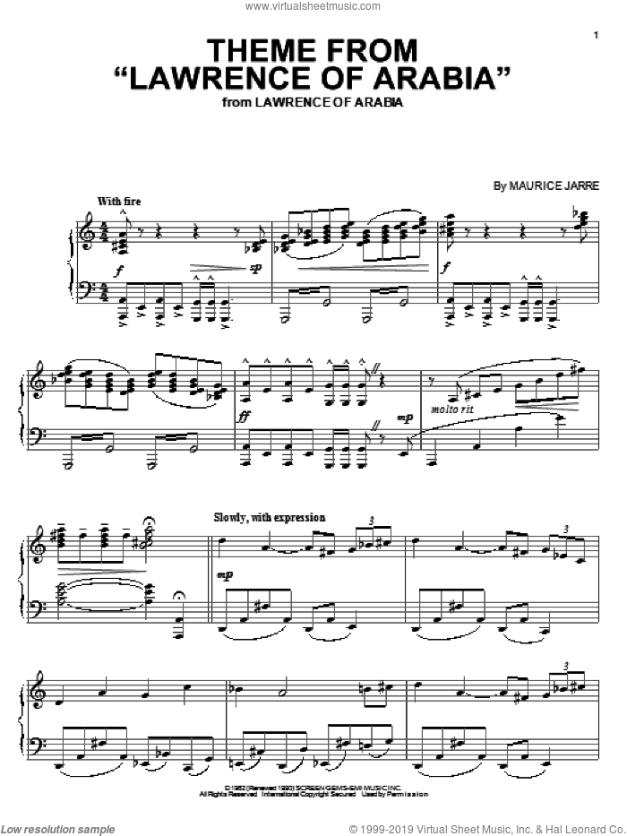 Theme From 'Lawrence Of Arabia', (intermediate) sheet music for piano solo by Maurice Jarre, intermediate skill level