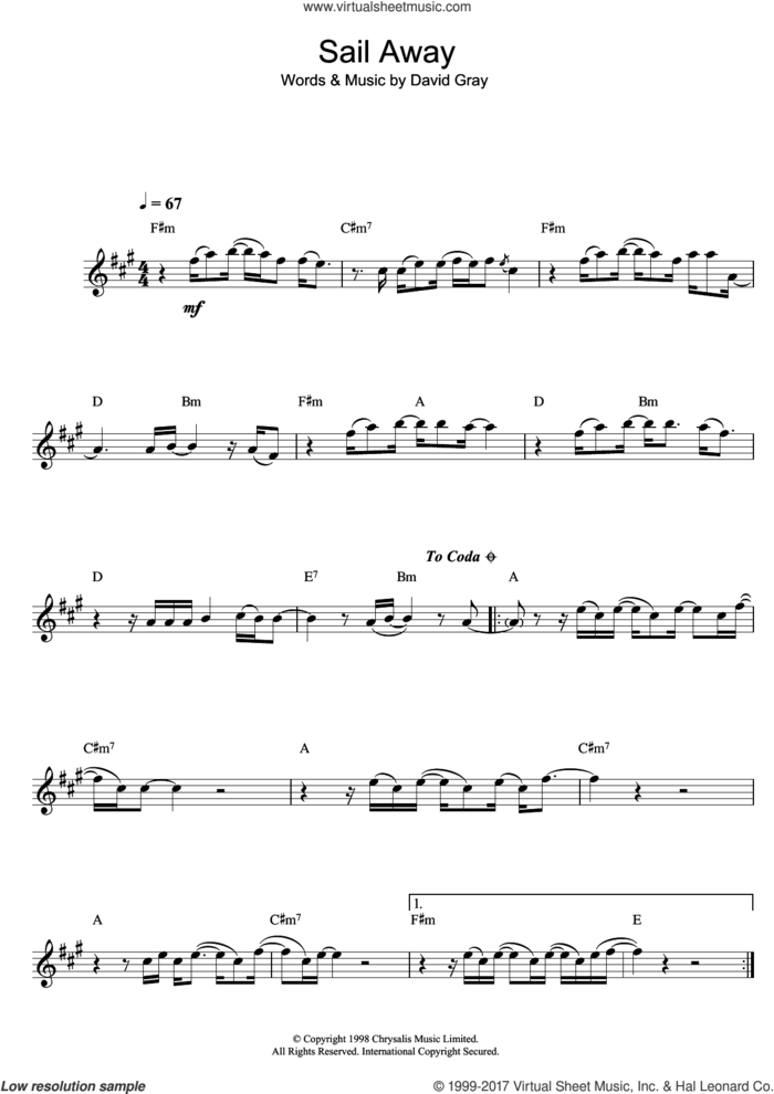 Sail Away sheet music for alto saxophone solo by David Gray, intermediate skill level
