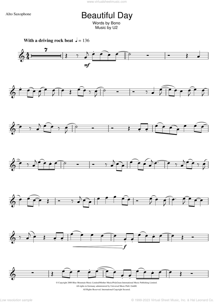 Beautiful Day sheet music for alto saxophone solo by U2 and Bono, intermediate skill level