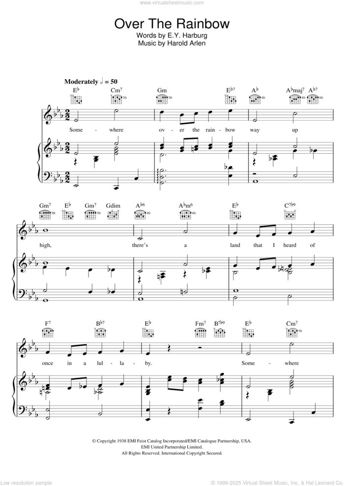 Over The Rainbow (from 'The Wizard Of Oz') sheet music for voice, piano or guitar by Judy Garland, E.Y. Harburg and Harold Arlen, intermediate skill level