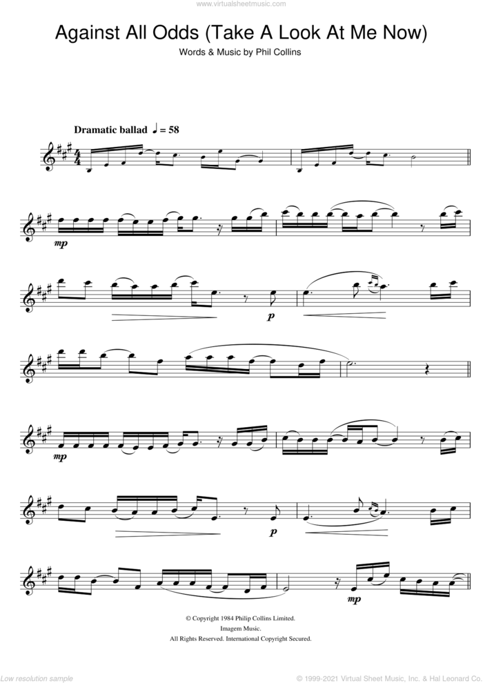 Against All Odds (Take A Look At Me Now) sheet music for alto saxophone solo by Phil Collins, intermediate skill level