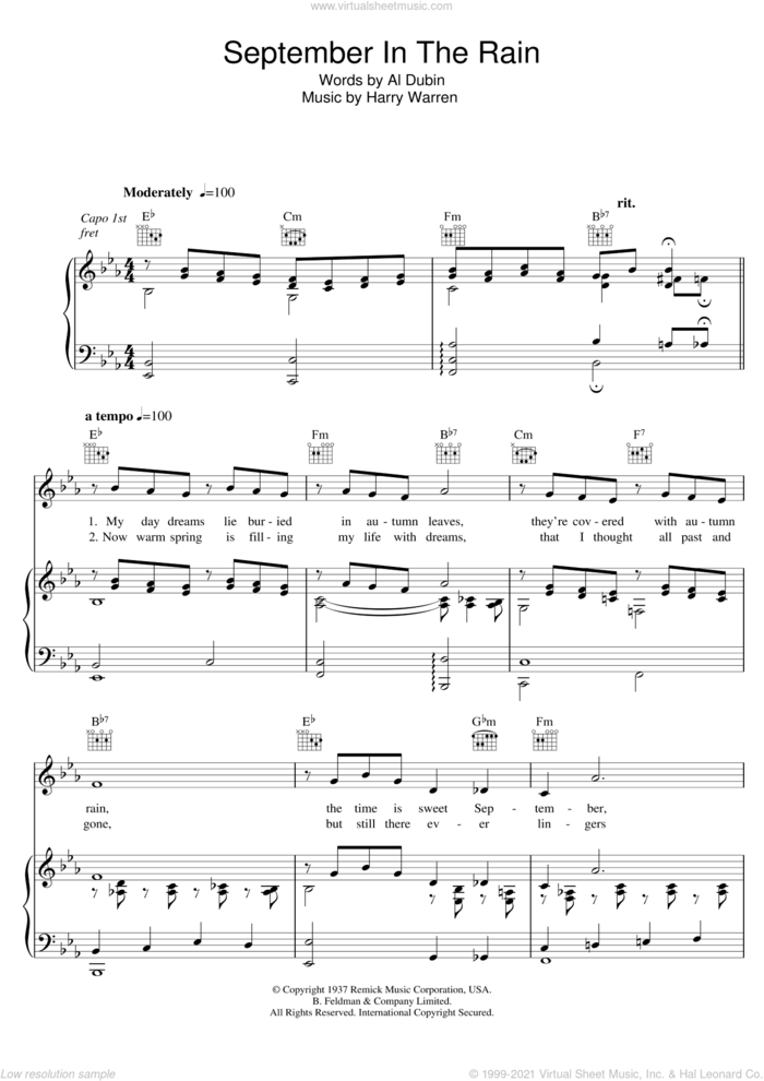 September In The Rain sheet music for voice, piano or guitar by Harry Warren and Al Dubin, intermediate skill level