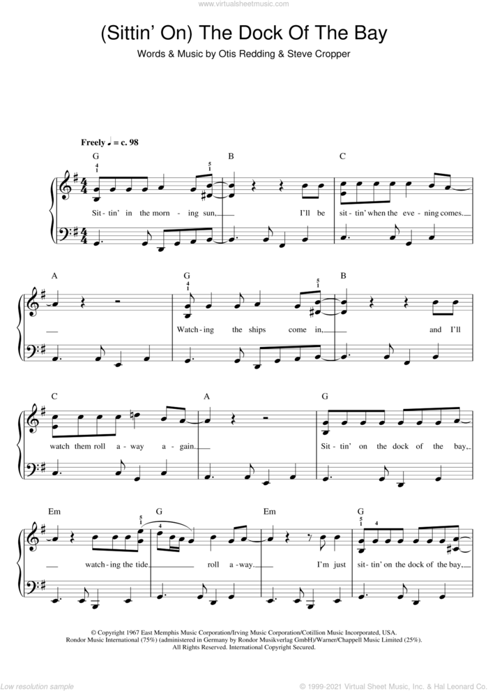 (Sittin' On) The Dock Of The Bay sheet music for piano solo by Otis Redding and Steve Cropper, easy skill level