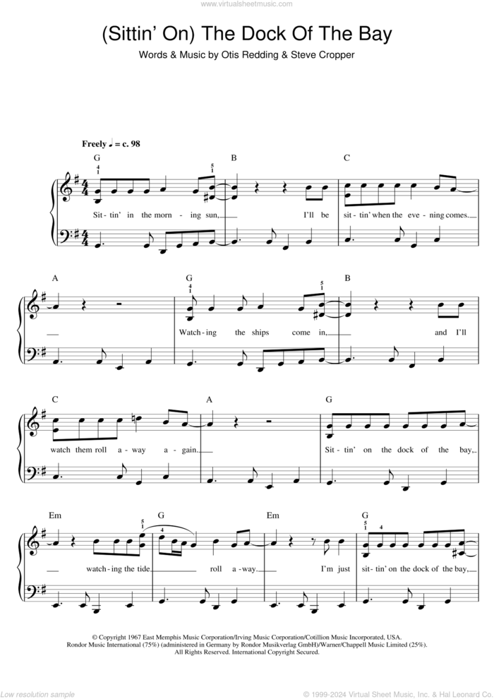 (Sittin' On) The Dock Of The Bay sheet music for piano solo by Otis Redding and Steve Cropper, easy skill level