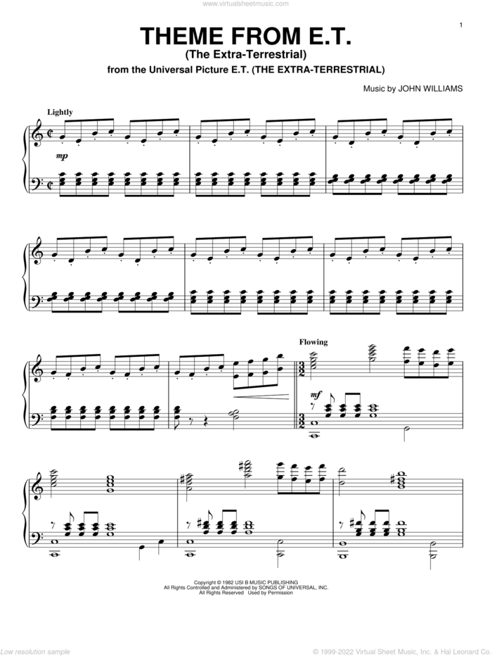 Theme from E.T. (The Extra-Terrestrial) sheet music for piano solo by John Williams, intermediate skill level