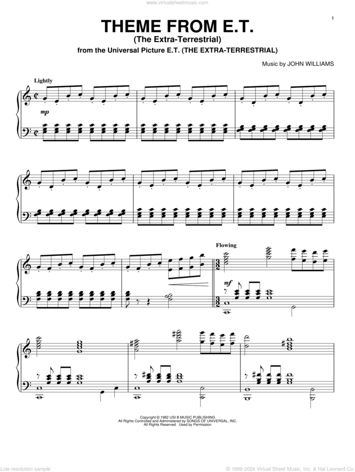 Theme from E.T. (The Extra-Terrestrial) sheet music for piano solo by John Williams, intermediate skill level