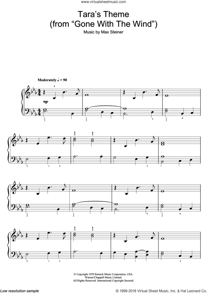 Tara Theme (from 'Gone With The Wind') sheet music for piano solo by Max Steiner, easy skill level