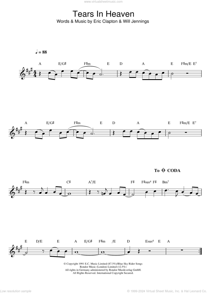 Tears In Heaven sheet music for alto saxophone solo by Eric Clapton and Will Jennings, intermediate skill level