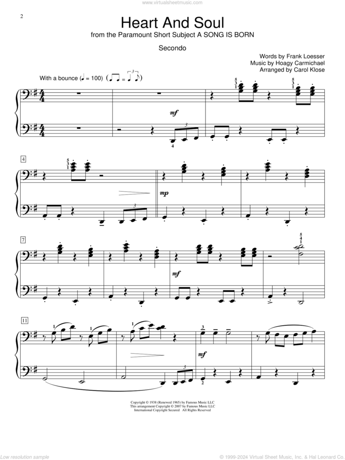 Heart And Soul sheet music for piano four hands by Hoagy Carmichael, Carol Klose, Miscellaneous and Frank Loesser, wedding score, intermediate skill level