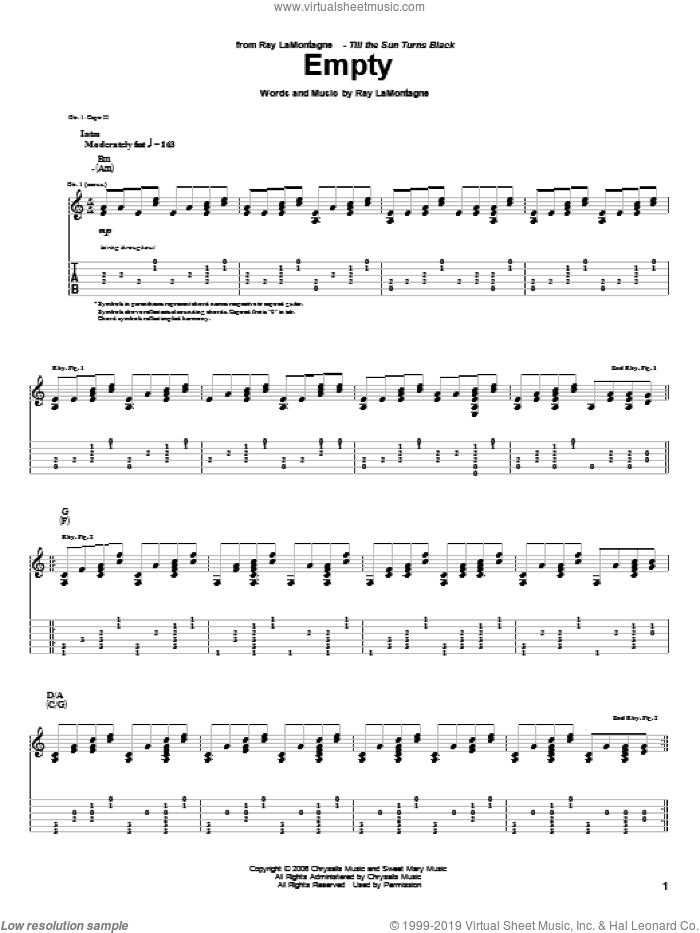 Empty sheet music for guitar (tablature) by Ray LaMontagne, intermediate skill level