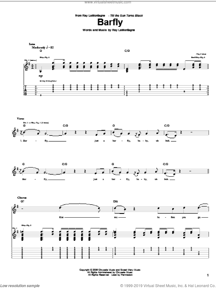 Barfly sheet music for guitar (tablature) by Ray LaMontagne, intermediate skill level