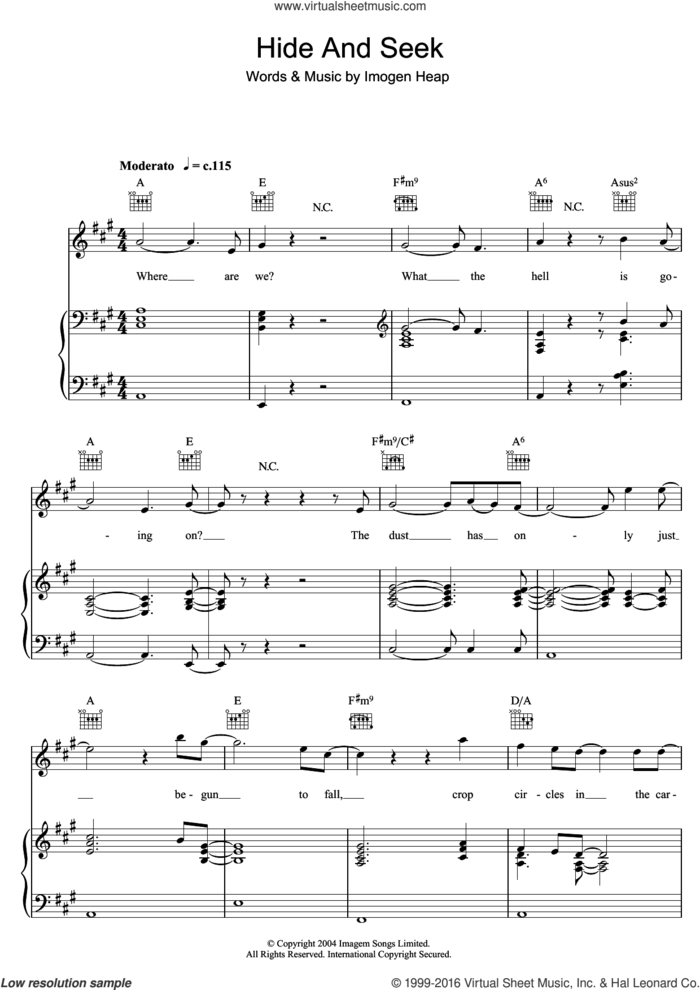 Hide And Seek sheet music for voice, piano or guitar by Imogen Heap, intermediate skill level