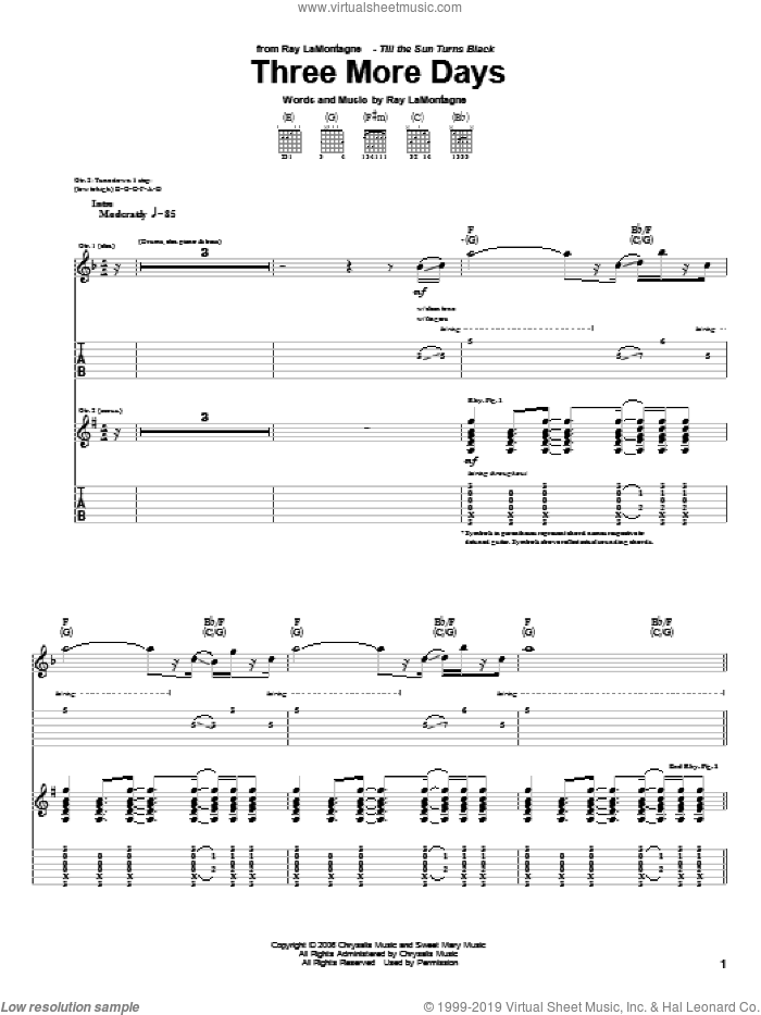 Three More Days sheet music for guitar (tablature) by Ray LaMontagne, intermediate skill level