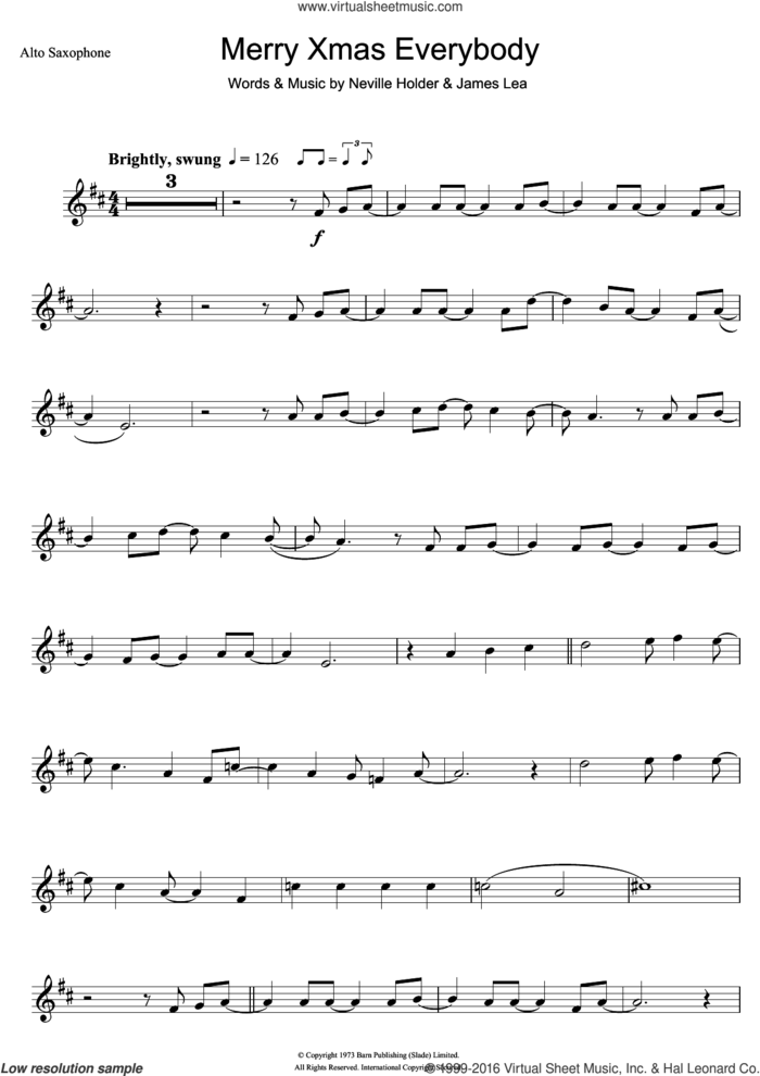 Merry Xmas Everybody sheet music for alto saxophone solo by Slade, James Lea and Neville Holder, intermediate skill level